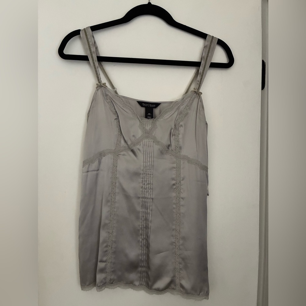 White House Black Market Light Gray Satin Lace-Trim Slip Dress